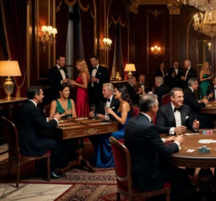 Nocna scena eventu z atmosferą premium, stołami gier i eleganckim oświetleniem