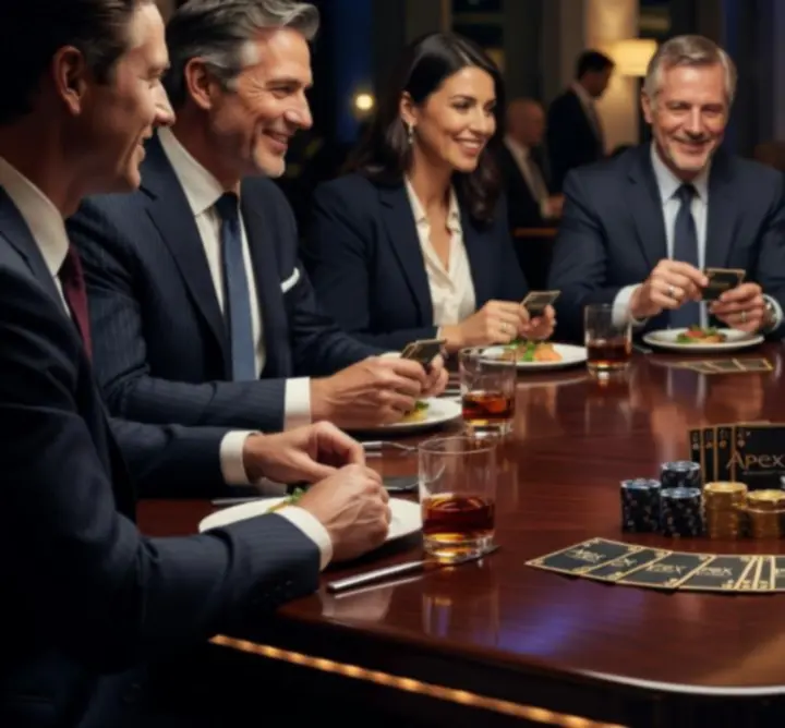 Profesjonalny pokerowy setup biznesowy na event dla firmy z eleganckim stołem i żetonami