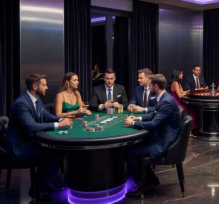 Rozstawione stoły pokerowe, ruletka i blackjack na prywatnej imprezie