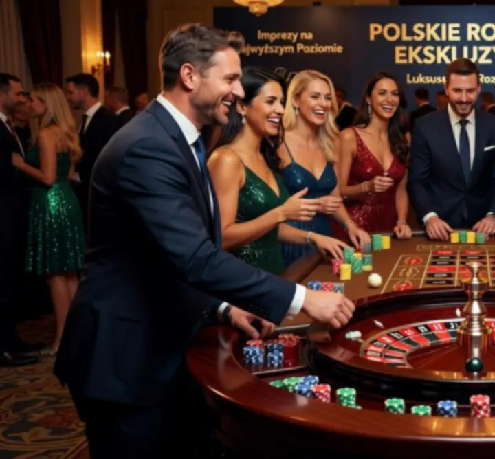 Goście bawiący się przy ruletce eventowej podczas eleganckiej nocy