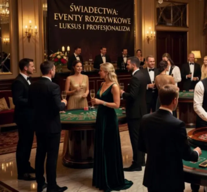Elegancki event w stylu kasyna z uczestnikami przy stołach do gry